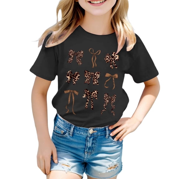 Yiyuu Girls Graphic Tee Leopard Bow Print Short Sleeve Round Neck T Shirt, Sizes 3-13