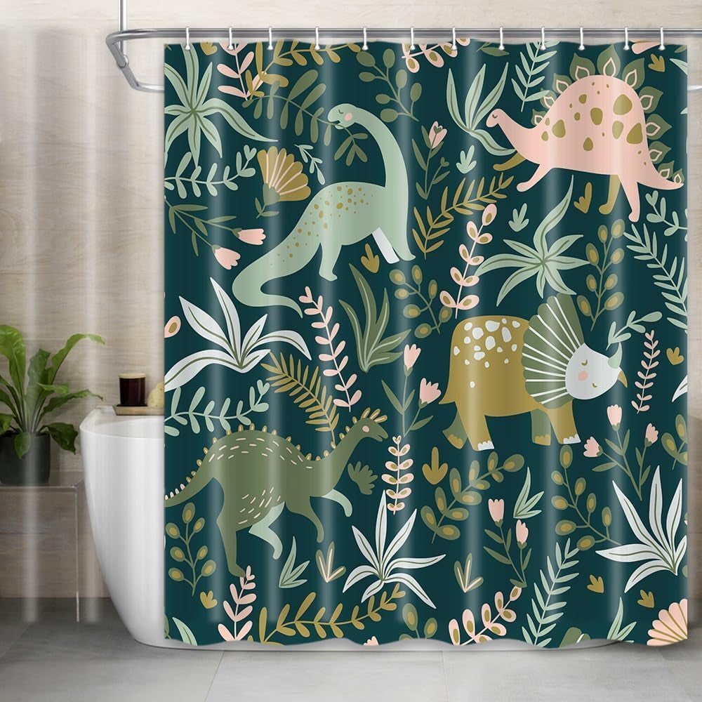 Kids Shower Curtains,Funny Dinosaur Shower Curtains, Cute Dinosaur for Boys Girls, Green Plant Leaf Flowers Colorful Bathroom Decor with Hooks Waterproof Fabric Polyester Bathtub Decorative