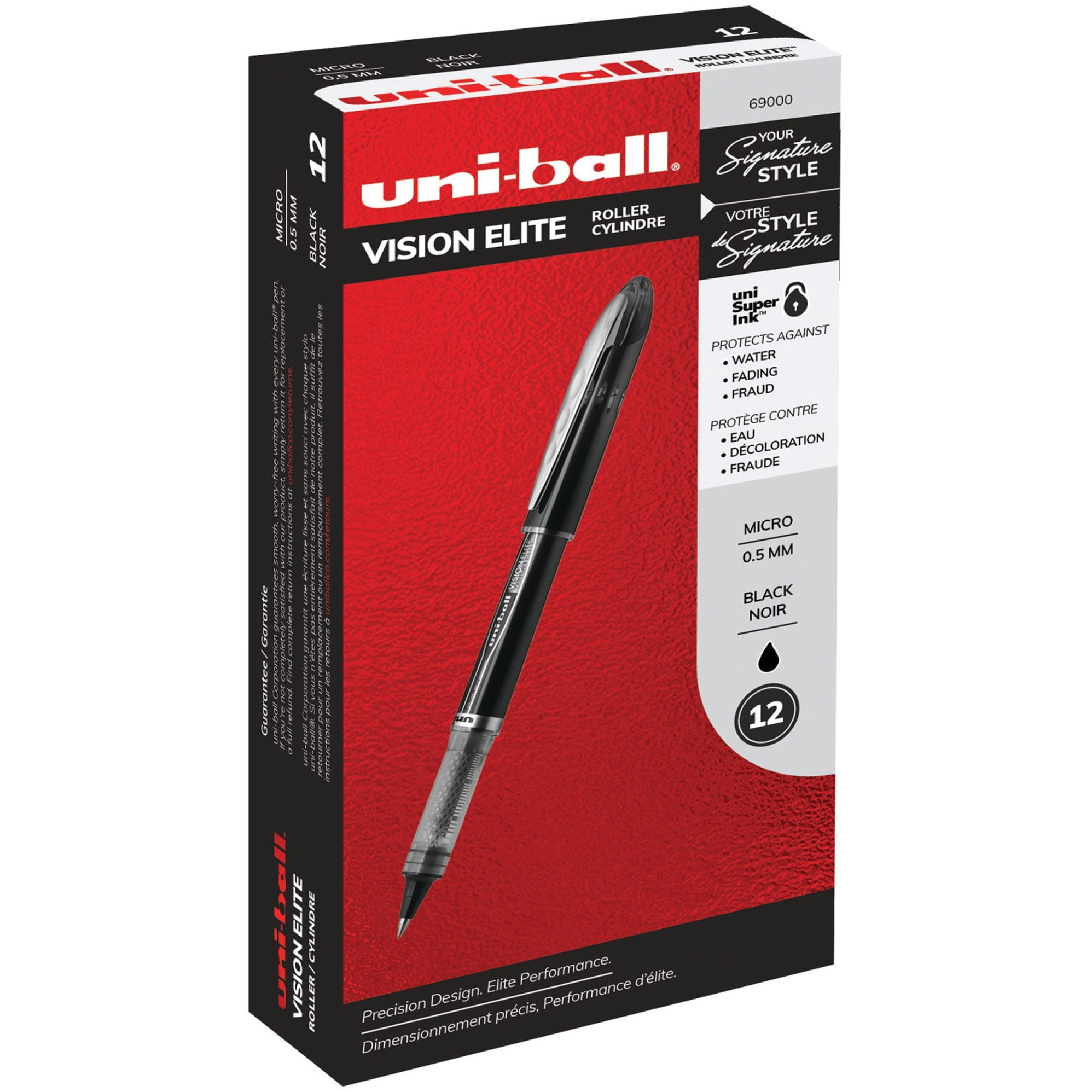 uniball Vision Elite Rollerball Pens, Micro Point (0.5mm), Black, 12 Count, 69000