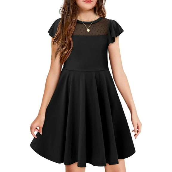 KISSMODA Girls Dress Casual Round Neck A Line Ruffle Sleeve Knee Length Dresses 4-13 Years