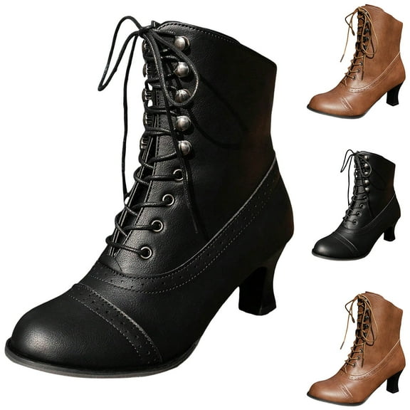 Dakaela Women Victorian Boots Lace up Round Toe Ankle Booties Block Low Heel Vintage Granny Witch Shoes with Zipper