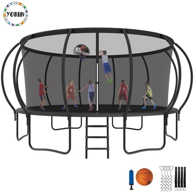 YORIN Trampoline pour 10 Enfants, Trampoline de 16 Pi pour Adultes avec Filet de Protection, Panier de Basketball, Échelle, Capacité de Poids de 1500 Lb, Trampoline Récréatif Extérieur, Trampoline Robuste
