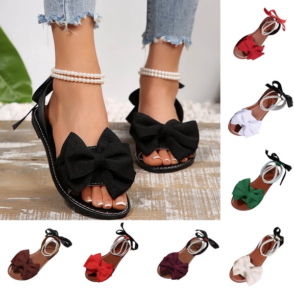 Women's Pearl Bow Summer Dress Sandals Slingback Flats Dressy Vacation Slip on Slides Shoes White 9.5(43)
