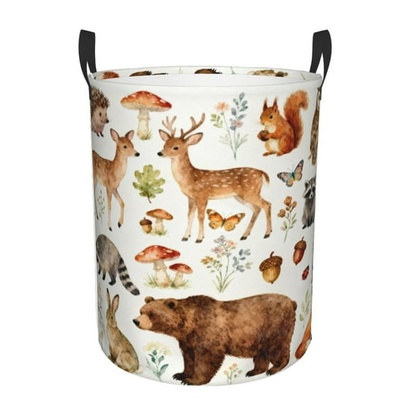 PHELIKA Woodland Animals Laundry Basket 65L Large Foldable Round For Dirty Clothes Toy Storage