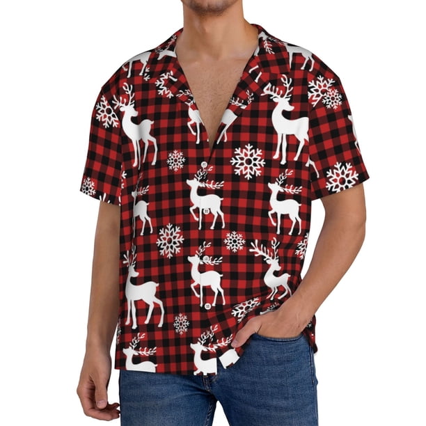 Fotbe Plaid Reindeer Snowflakes Camisa Estampada de Manga Corta para Hombre, Casual de Verano, Estilo Playero, Sin Arrugas-4X-Large