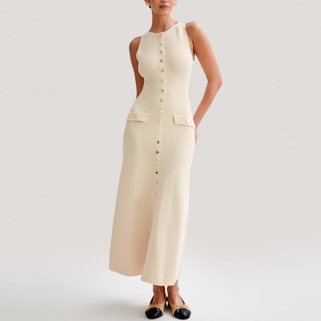TaTaai Ladies Slim Fit Ribbed Knit Dress Sleeveless Crew Neck Button Front Solid Color Midi Office Casual Elegant Dress Gift