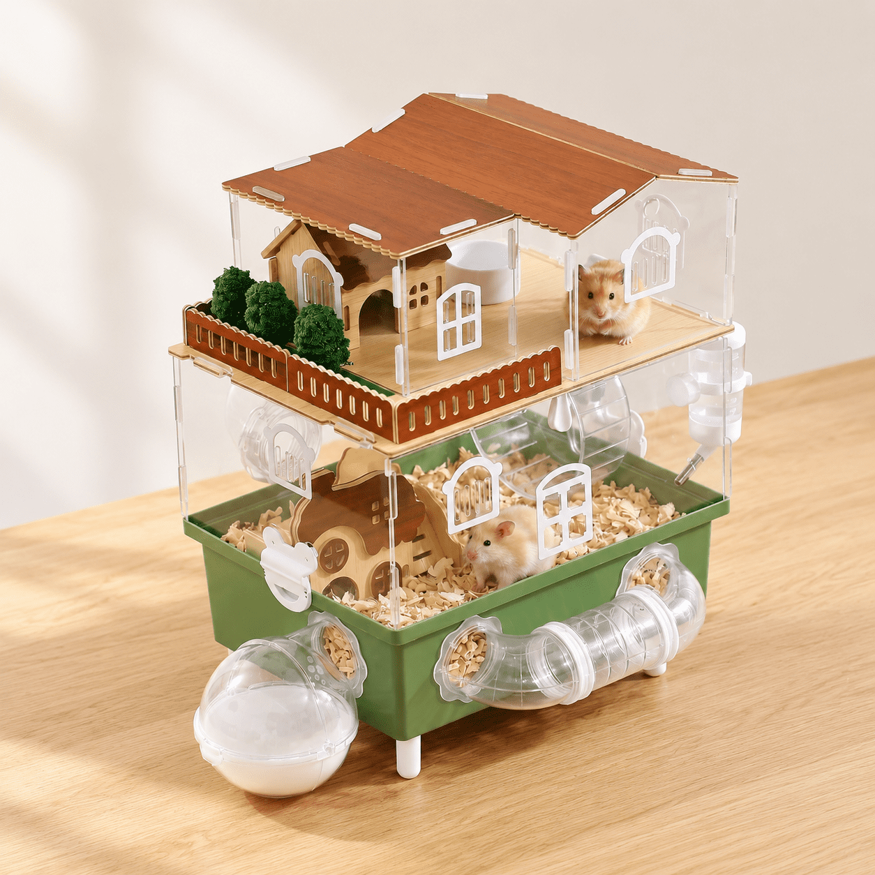 Green Small Animal Habitat Cage with Running Wheel and Accessories