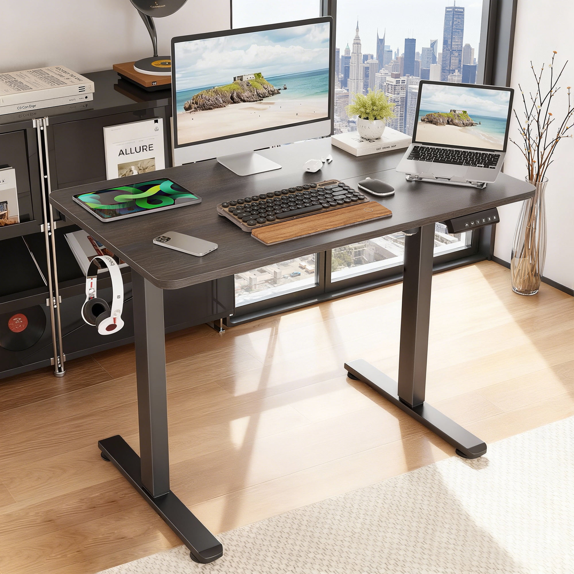 MAYEERTY 40×24" Electric Height-Adjustable Desk, Sit Stand Desk with Side Hooks for Home & Office, Gray