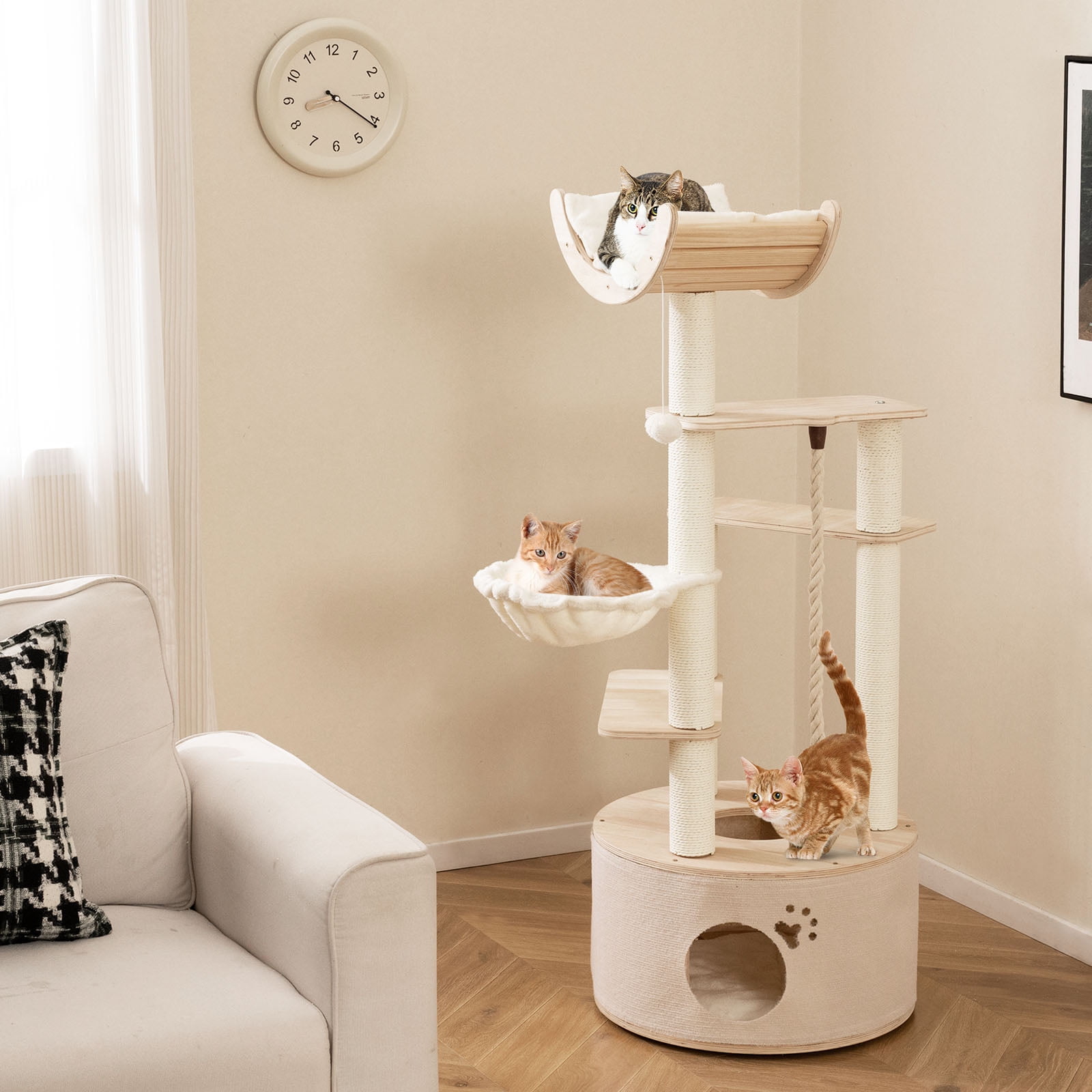 Gymax 55.5'' Tall Wooden Cat Tree for Indoor Cats w/Condo Curved Perch Hammock