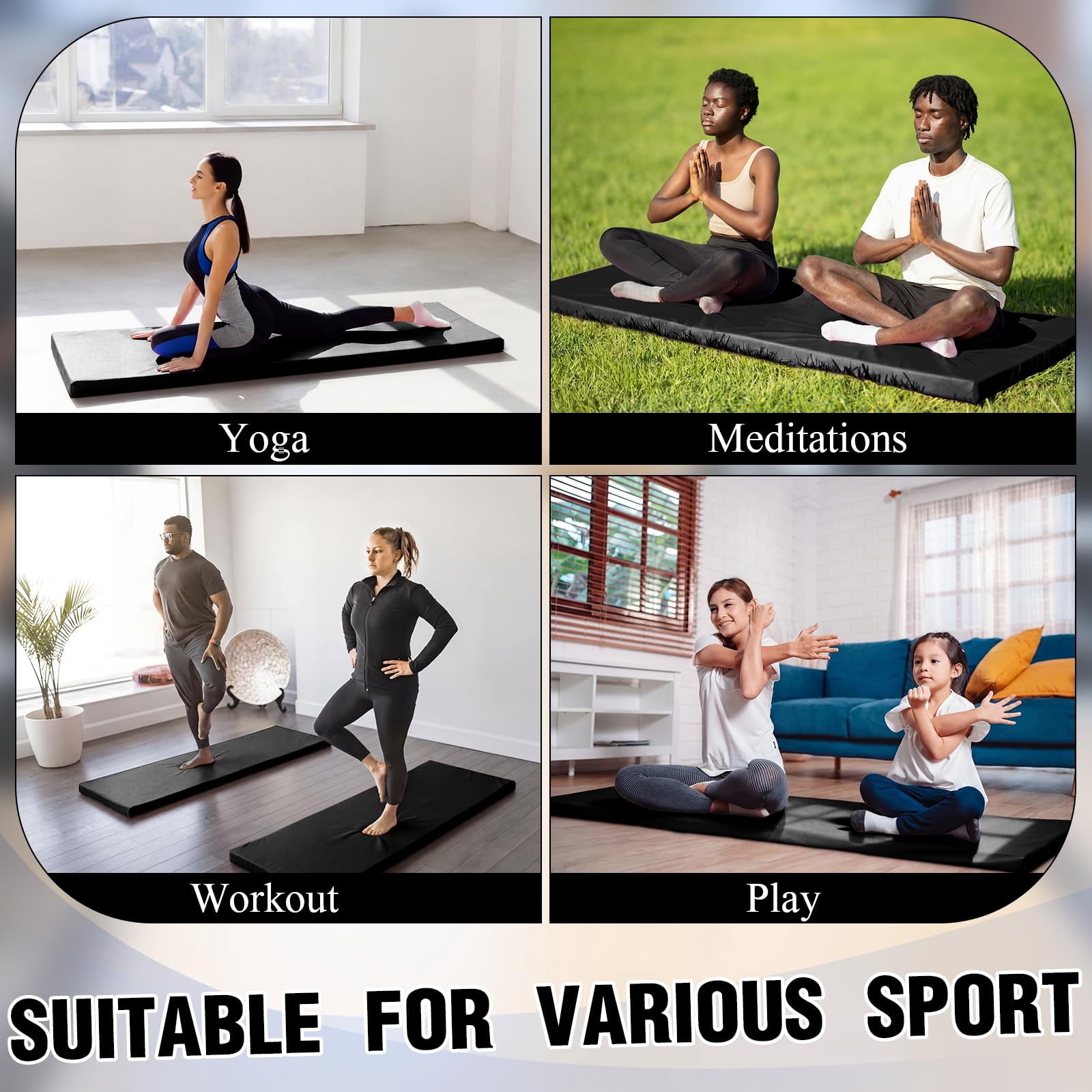 2 Inch Thick Foldable Yoga Mat Black 72"x24" For Pilates Stretching Gym Workouts