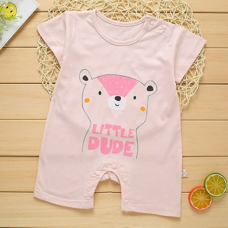 Summer Cute Cartoon Bear Pattern Printing Thin Short Sleeve Romper for Infnat Baby Bear pink S