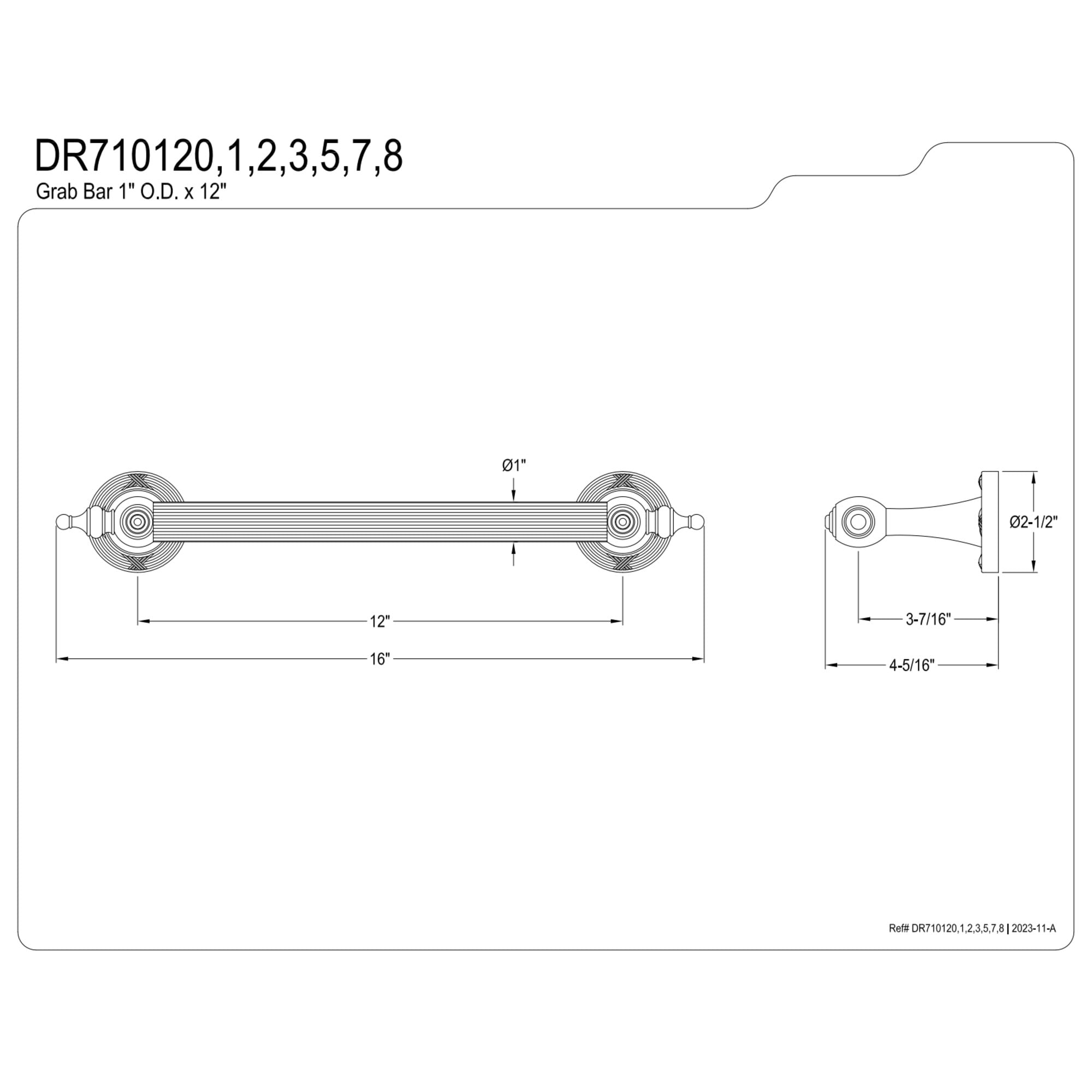 Kingston Brass DR710127 Templeton 12" x 1" O.D. Brass Decorative Grab Bar, Brushed Brass