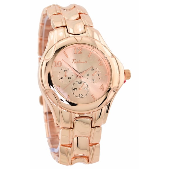 Unisex Rosegold-tone clubbing watch 42mm 12mm thick case. Nonfunctional 3 sub-dials, 20mm wide Rosegold-tone metal link bracelet fits 8 inches wrist.