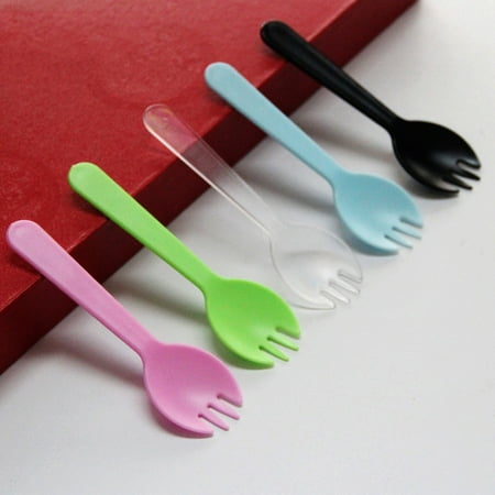 

100PCS Creative 2-in-1 Sporks Disposable Plastic Spoon Forks for Cake Ice Cream Salad Fruit Dessert (Blue)