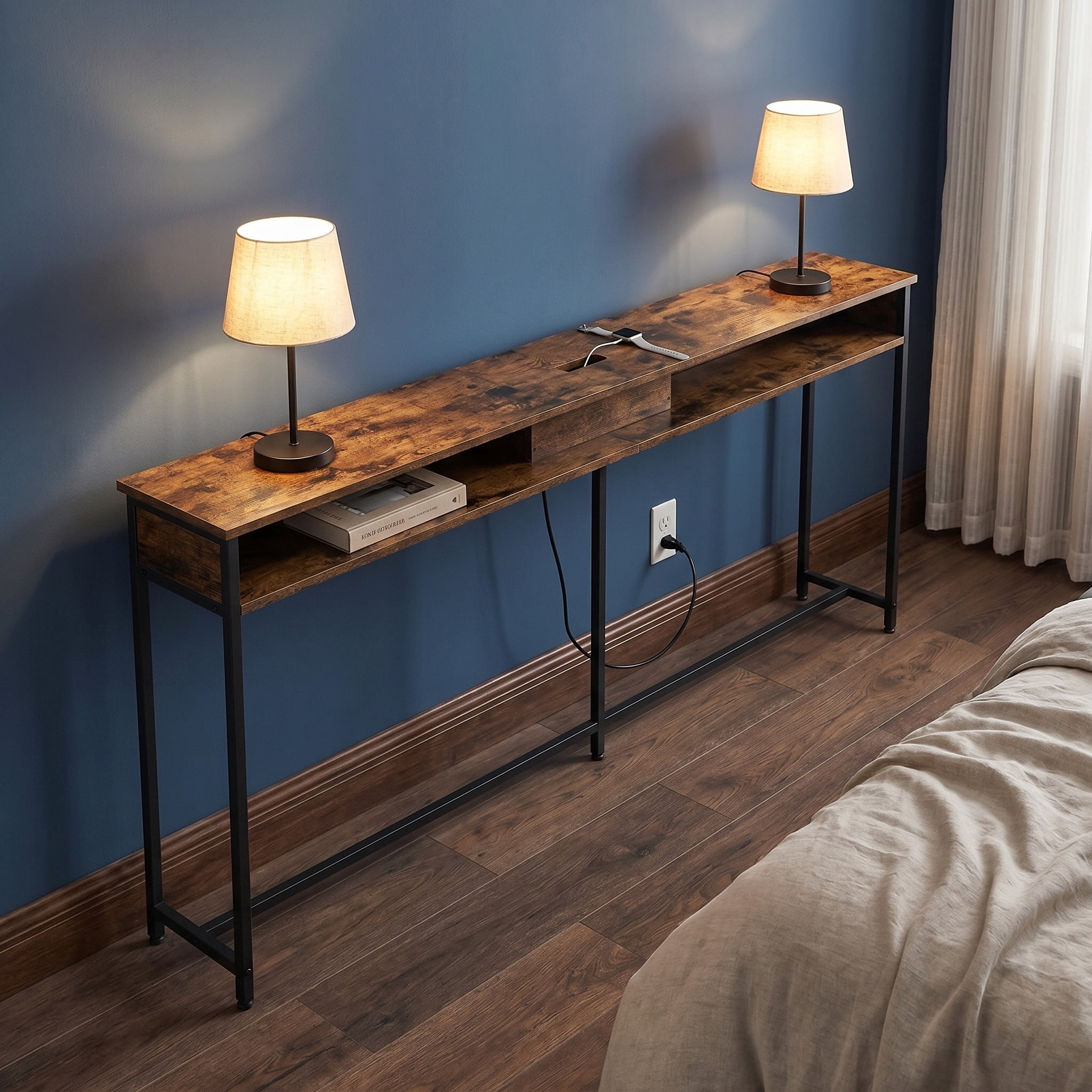 Nordic Hygge 70.9 in. Console Table with Built-In Charging Station, Brown & Ink Black