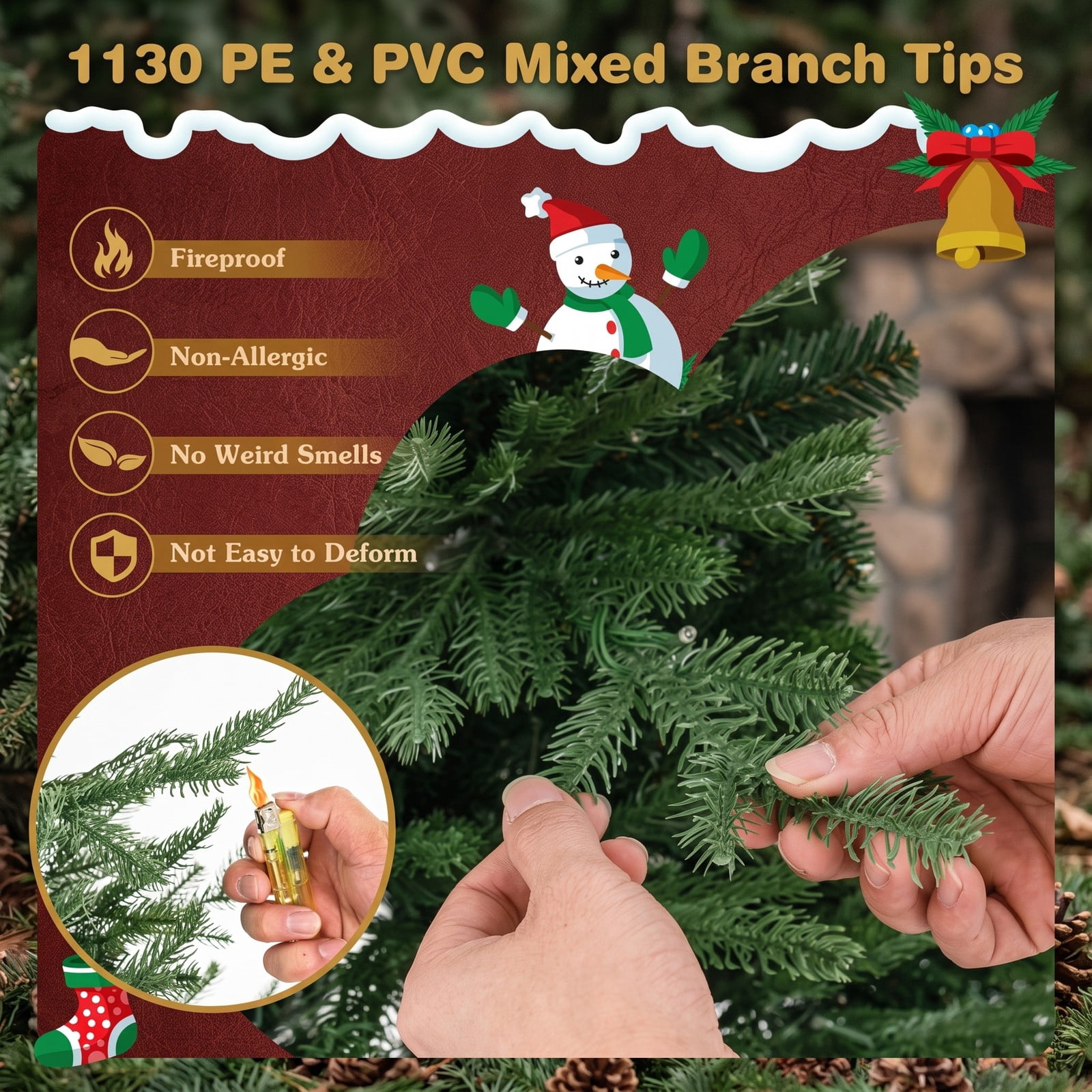 RUIE 7 ft Pre-Lit Artificial Christmas Tree with 380 Warm White LED Lights, 8 Lighting Modes, 1130 Branch Tips, PE PVC Hinged Full Spruce Xmas Tree with Metal, Green