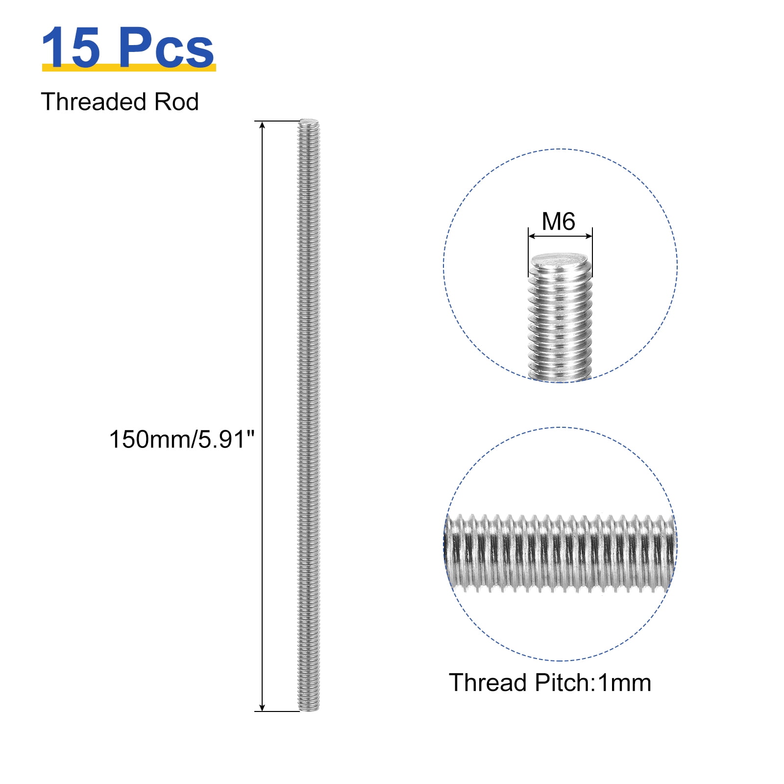 Uxcell 15Pack M6 x 150mm Fully Threaded Rod Right Hand Threads, 1 Thread Pitch
