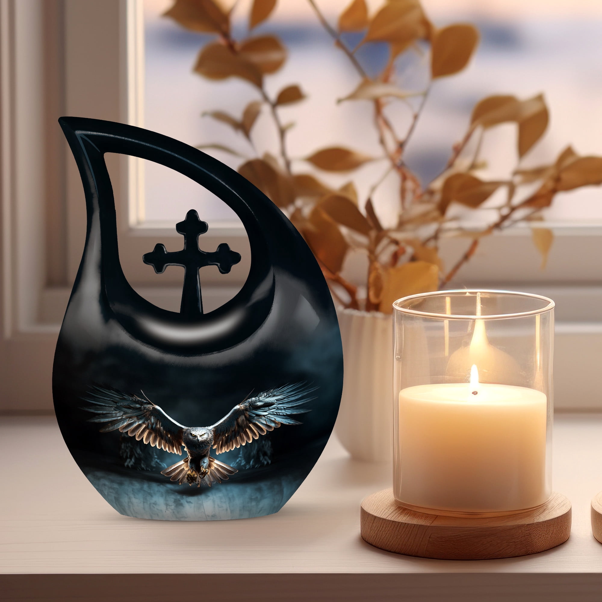 MUKTIVE Eagle Cremation Urns for Women and Men - Large Cross Drop Burial Urn for Adult Male Ashes - Black Funeral Urn for Daughter and Son - Memorial Gifts for Loss of Mom and Dad, 10 Inch