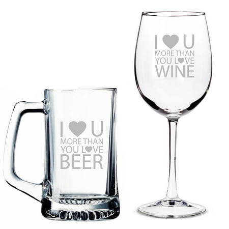 I Love You More Than Beer Beer Mug and I Love You More Than Wine Wine Glass Set
