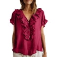thumbnail image 3 of Craaazy Women Plus Size Tops Loose Fit Solid Color V Neck Ruffle Placket Short Sleeve Cotton T Shirts for Daily Wear Gift, 3 of 9