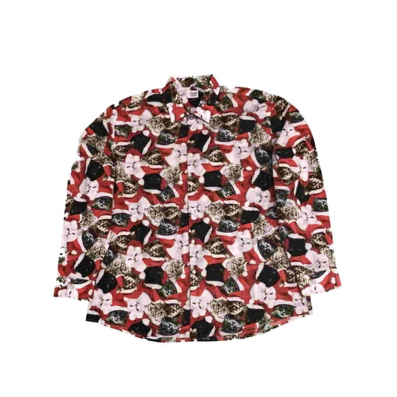 Mens Red Santa Kittens Cats Christmas Long Sleeve Button Down Dress Shirt XXLT