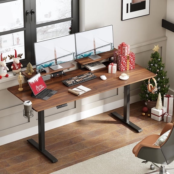 ONBRILL Standing Desk with 2 Adjustable Monitor Shelves, 71 x 24 Inches Electric Stand Up Desk with Memory Controller and Adjustable Height from 28-46 inches for Computer Workstations, Walnut
