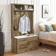 thumbnail image 3 of Entryway Hall Tree, Freestanding Coat Rack with Bench and Shoe Storage, Mudroom Bench with Storage and 4 Hooks,  Wood Coat Tree Mudroom Storage Bench with Storage Shelf, 3 of 9