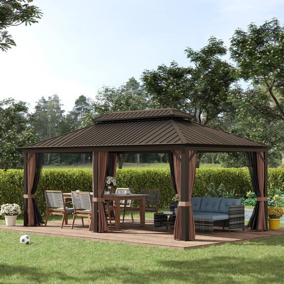 Outsunny Patio Gazebo 12' x 20', Netting & Curtains, 2 Tier Double Vented Steel Roof, Hardtop, Ceiling Hooks, Rust Proof Aluminum, Brown