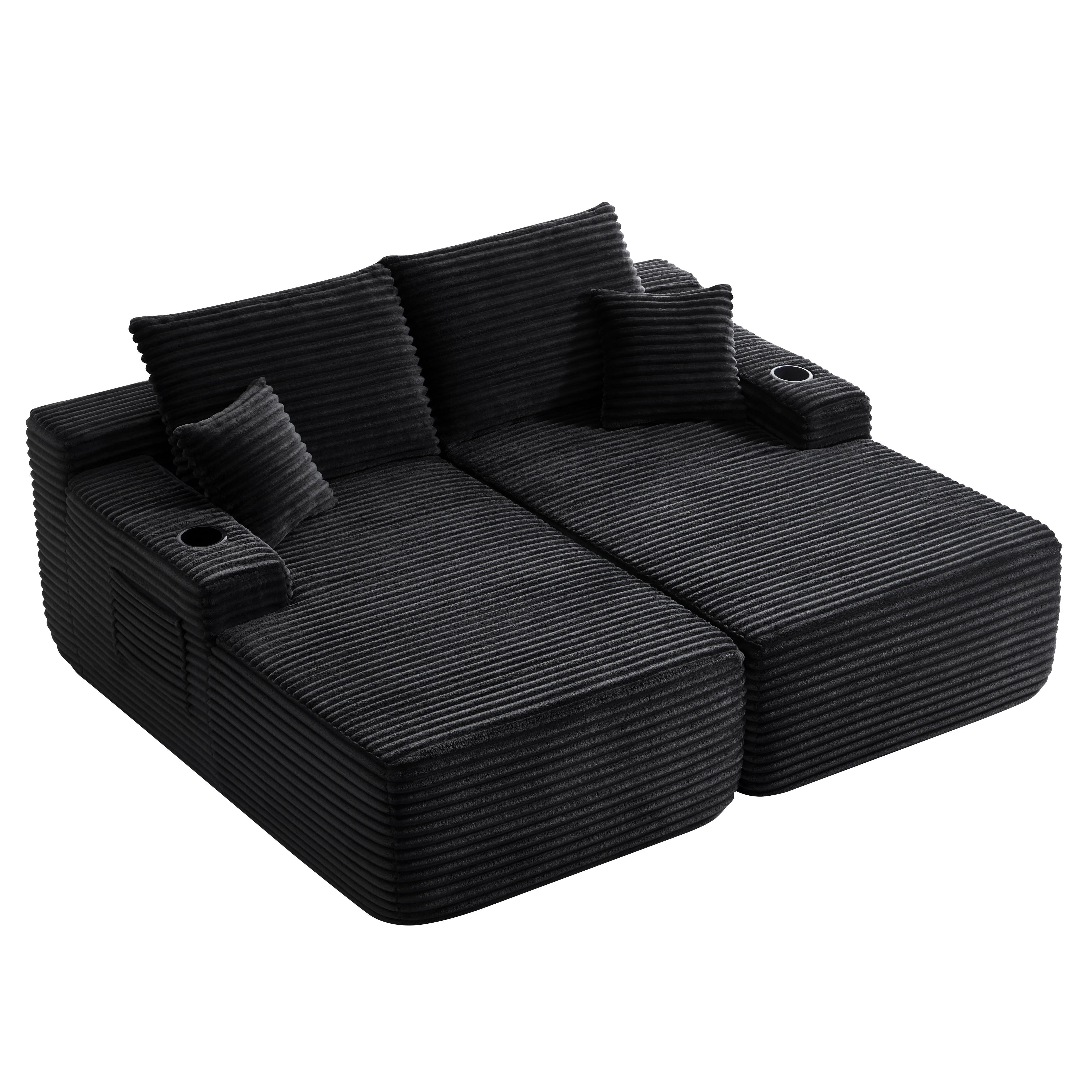 Modular Double Chaise Lounge Chair Indoor, 69" Wide Striped Corduroy Couch Set with Cup Holders & Storage Pockets for Living Room Home Theater, Black