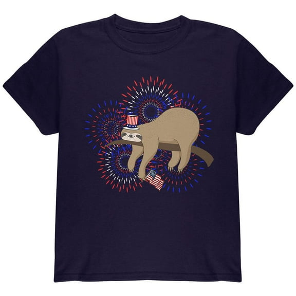 4th Of July Sloth Patriotic Cute Fireworks Youth T Shirt Navy YLG