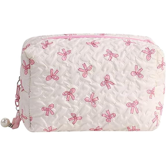 Small Pink Bow Makeup Bag Pouch Cute Cosmetic Case Travel Make Up Organizer Bags Traveling Aesthetic Toiletry Skin Care Supply Brush Tool Storage for Women Girls -