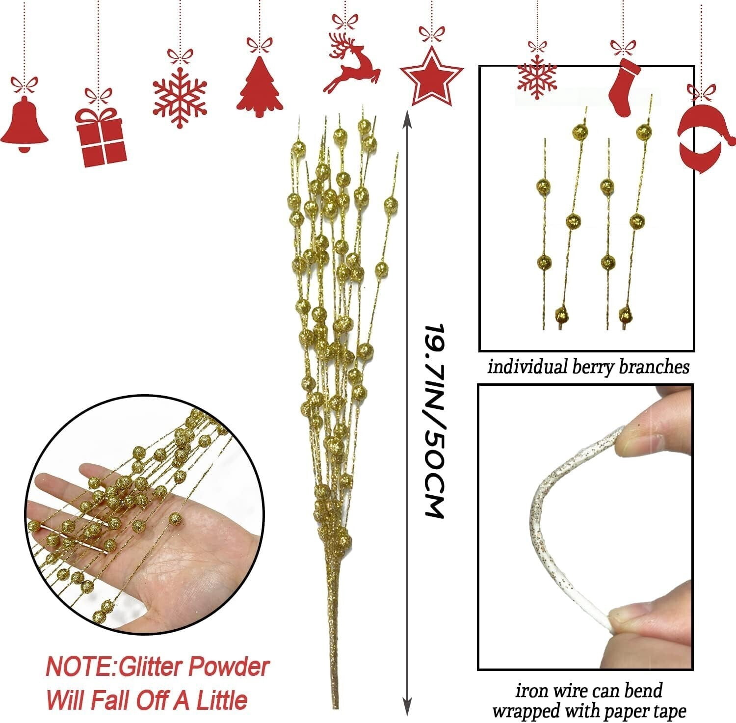 30 Pack Artificial Glitter Berry Stems, 15.7 Inch Artificial Christmas Tree Picks, Decorative Glitter Berry Long Stems, for Christmas Tree DIY Wreath Crafts Holiday Home Decor(Gold)