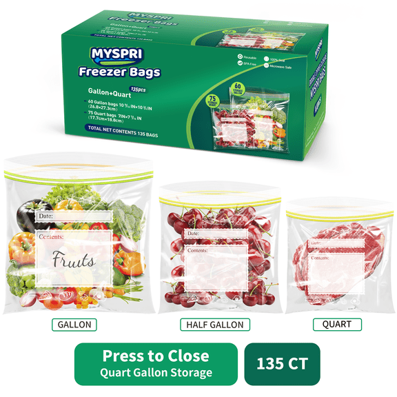 MYSPRI Freezer Bags Gallon Size 60 Count and Quart Food Storage Bags 75 Count