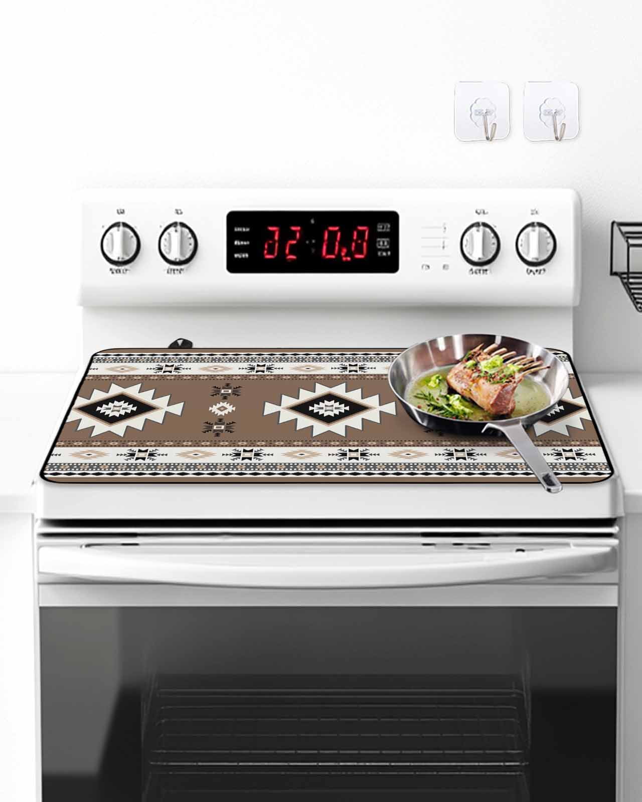 Stove Top Covers for Electric Stove, Brown Boho Glass Stovetop Cover Protector, Farmhouse Aztec Southwest Ethnic Geometric Induction Cooktop Protector Oven Mat for Kitchen Countertop 28.5"x20.5"