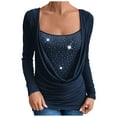 thumbnail image 2 of Jalioing Womens Tunic Top Sparkly Cowl Neck Blouse Spring Long Sleeved Pleated Slim Dressy Shirts (Medium, Dark Blue), 2 of 8