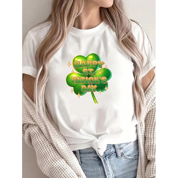 Women's St. Patrick's Day Clover T-Shirt - "Happy St. Patrick's Day" Glittery Print, Casual Round Neck, Short Sleeve Top