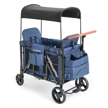 Cochildor Collapsible Wagon Stroller for 2 Kids, with Canopy, 5-Point Harness, Adjustable Handlebars, Removable Seat for Toddlers, Blue