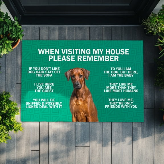 Funny Dog Welcome Mat – Personalized Rhodesian Ridgeback Doormat with “When Visiting My House Please Remember” Message, Perfect Entry Rug for Dog Owners and Pet Lovers
