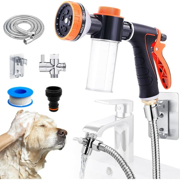 Dog Shower Attachment Water Hose Nozzle Sprayer Set with Metal 3-Way Shower Diverter & 6.6 Ft Long Hose for Bathroom Shower Arm Easy Indoor Outdoor Pet Pup Dog Washing Hose attachment