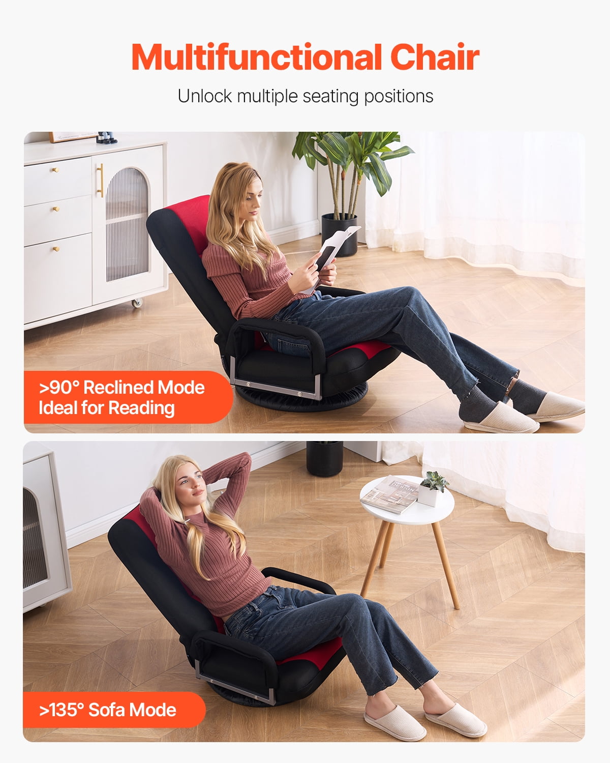 VEVOR Swivel Floor Gaming Chair with Armrests, 360-Degree Rotating Floor Chair with 6 Adjustable Position Folding Backrest and Lumbar Support, Folding Video Reclining Sofa for TV Reading, Red Black