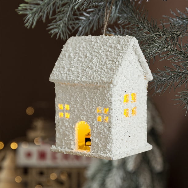 Christmas Winter Village Houses Set LED Lighted DIY Christmas Figurines Christmas Miniature Resin Ornament Kits Christmas Cedar Bare Branch Tree Street Lamp