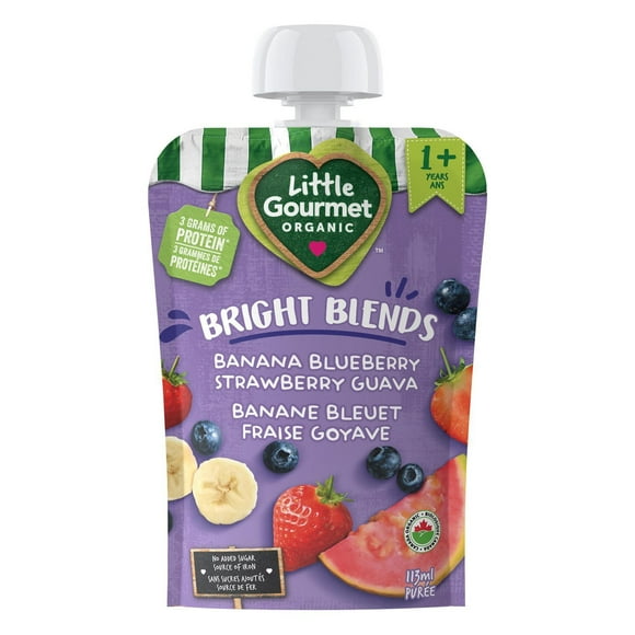 Pochette biologique Bright Blends de Little Gourmet – Banane, bleuet, fraise et goyave, Stade 2 Nouveau pour les tout-petits!