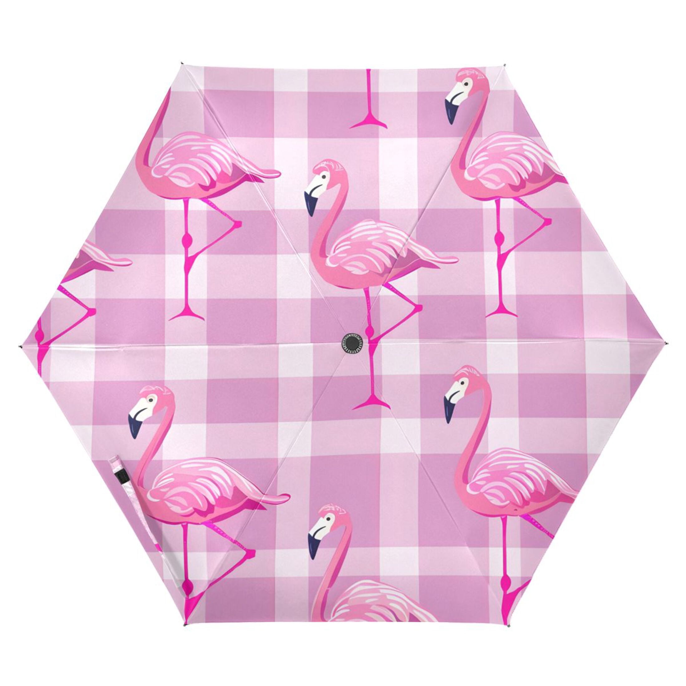 Standing Flamingos All Weather Umbrella Triple Folding Parasol 6 Ribs UV Protection Portable