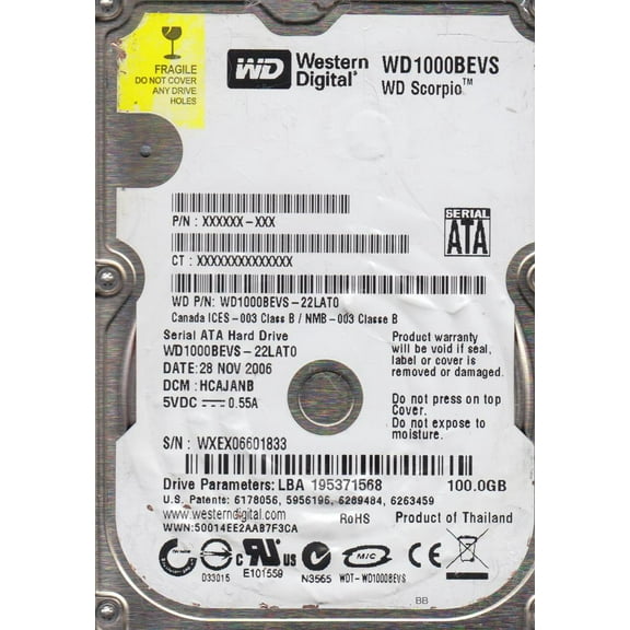 WD1000BEVS-22LAT0, DCM HCAJANB, Western Digital 100GB SATA 2.5 Hard Drive
