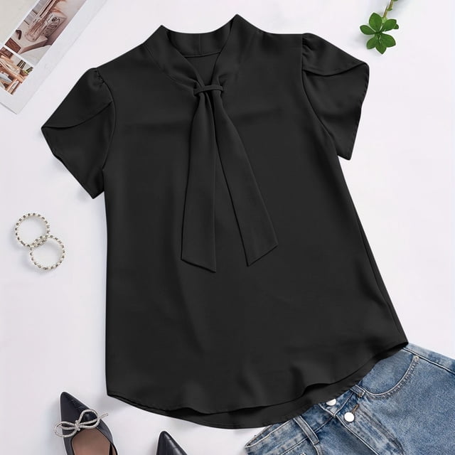 TaTaai Women's Ruffle Sleeve Blouse, Soft Cotton Lightweight, Slim Fit, Short Sleeve Tie Neck, Solid Color Waist Cinched, Casual Trendy Spring Summer Multi-Color Gift