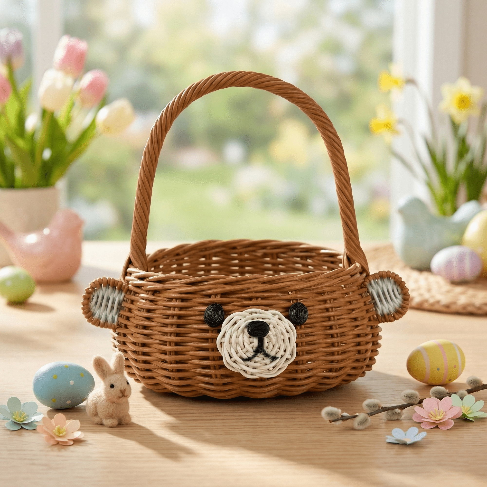 Hand Woven Bear Rattan Wedding Flower Girl Basket Decorative Home Decor Bin Organizer Storage Cute Handmade Handcrafted Gift Decoration Wicker Easter