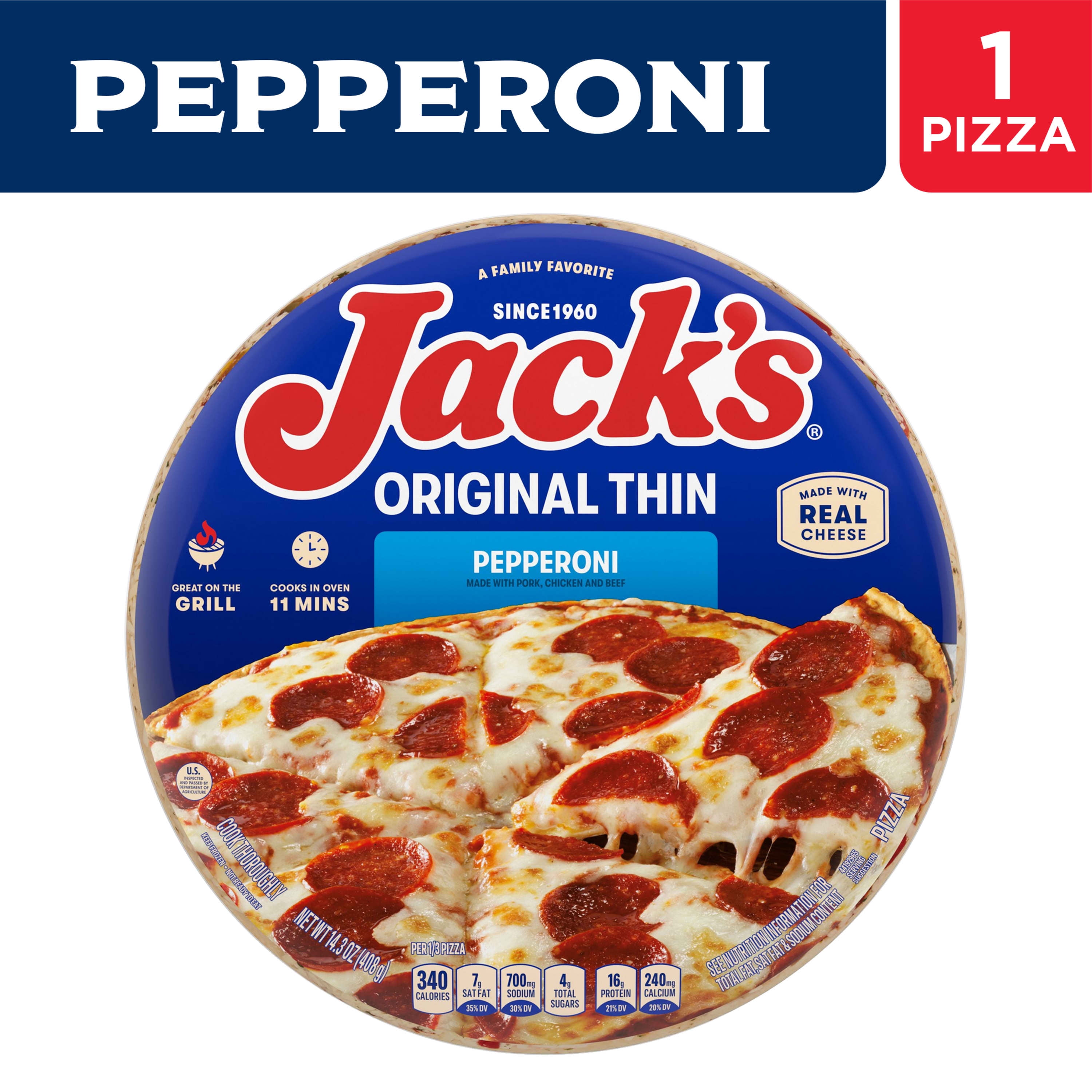 Jack's Pepperoni, Original Thin Crust Pizza, 14.392 oz (Frozen)