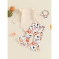 thumbnail image 4 of Suealasg 3Pcs Baby Girl Halloween Outfits Long Sleeve Letter Print Romper + Pumpkin Flare Pants + Headband Set 3 6 12 18 Months Infant Girl Halloween Clothes, 4 of 7