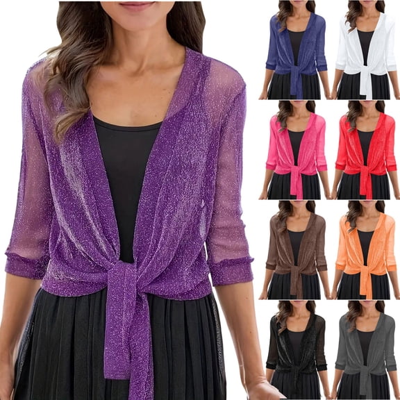 FNFYFH Womens Sparkly Sheer Shrug Tie Front 3/4 Sleeve Cropped Bolero Cardigan Mesh Cover Up for Dresses Evenings Party
