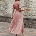 thumbnail image 6 of Busydd Womens Dresses Short Sleeve Solid Color Maxi Dress Fashion V Neck High Waisted Sundress Casual Tiered Flowy Summer Dresses Elegant Slim Button Long Dresses Comfy Cotton Linen Dress, 6 of 9